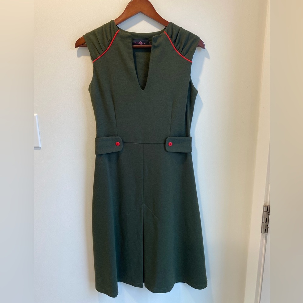 Sleeveless Olive Green Midi Dress with Red Trim